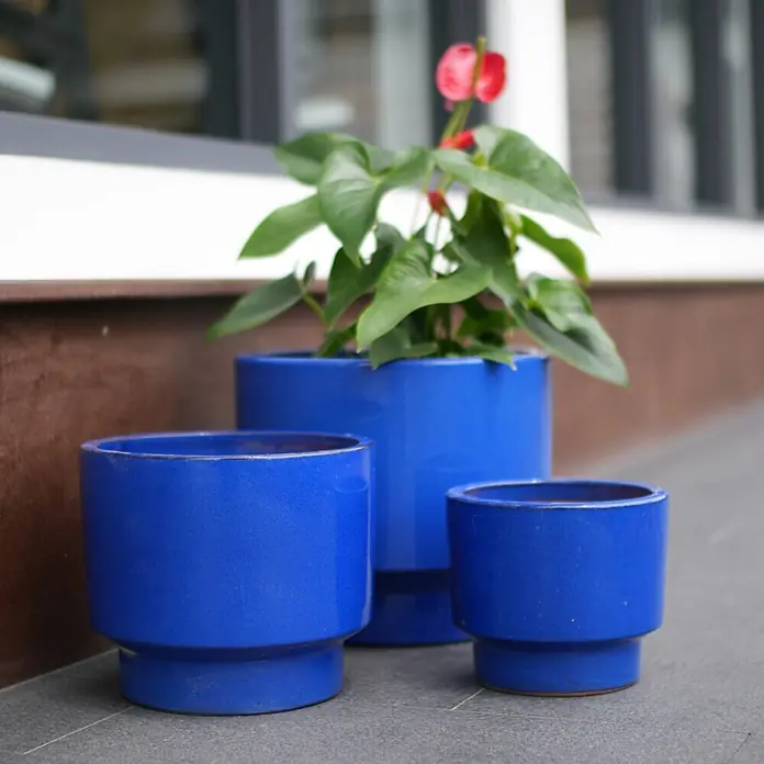 SONNENH Pflanztopf - Keramik, Blau - Drei blaue Keramik-Pflanzgefäße unterschiedlicher Größen, das größte mit einer Grünpflanze mit roten Blüten, draußen platziert.