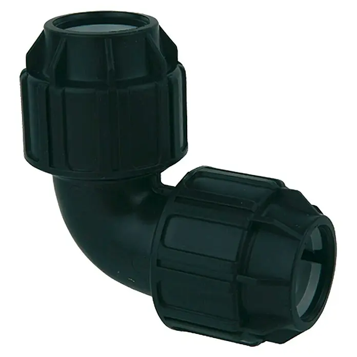 HDPE-Verbindungswinkel - Durchmesser: 32 mm, Polypropylen - Schwarzer 90-Grad-Winkelverbinder aus Kunststoff für Rohre mit Kompressionsanschlüssen. Ideal für Wasserleitungen und Bewässerungssysteme.