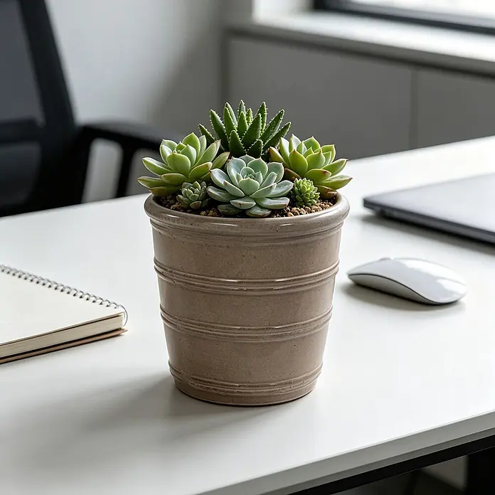 SONNENH Pflanztopf - 1 Stk., Keramik, Braun - Sukkulentenarrangement in einem hellbraunen gerippten Topf auf einem Büroschreibtisch.