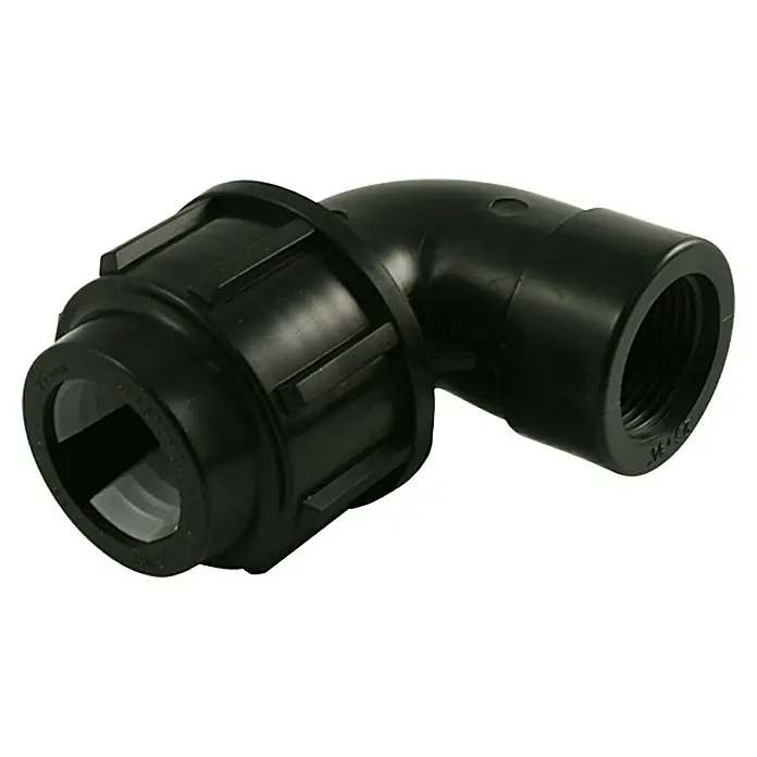 HDPE-Übergangswinkel - Durchmesser: 20 mm, Innengewinde: ½″, Polypropylen - Schwarzer 90-Grad-Winkelverbinder mit einem Anschlussstück mit Außengewinde und einer Kompressionsverbindung für Rohrleitungen.