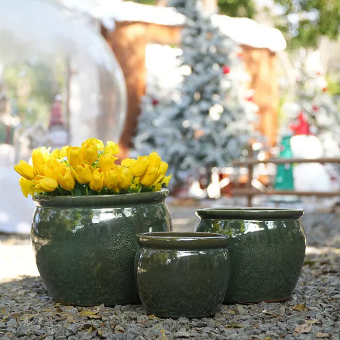 SONNENH Pflanztopf - 1 Stk., Keramik, Grün - Set aus drei glänzenden dunkelgrünen Keramikpflanzgefäßen in verschiedenen Größen, das größte mit gelben Tulpen gefüllt, im Freien auf Kies.