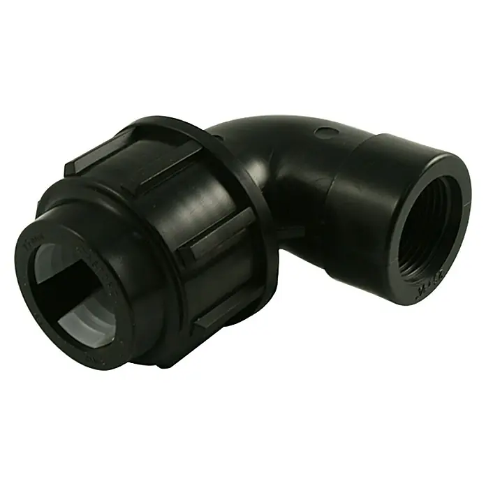 HDPE-Übergangswinkel - Durchmesser: 32 mm, Innengewinde: 1″, Polypropylen - Schwarzer 90-Grad-Winkelverbinder aus Kunststoff mit Gewindeende und Kompressionsverbindung für Rohre.