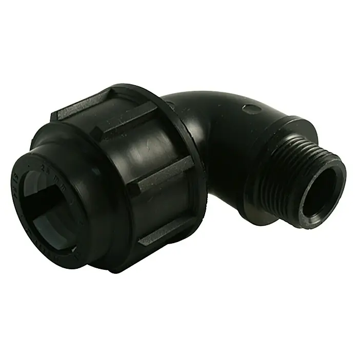 HDPE-Übergangswinkel - Durchmesser: 32 mm, Außengewinde: 1″, Polypropylen - Schwarzer Kunststoff-Winkelverbinder mit Gewindeanschluss für Wasserleitungen und Bewässerungssysteme.