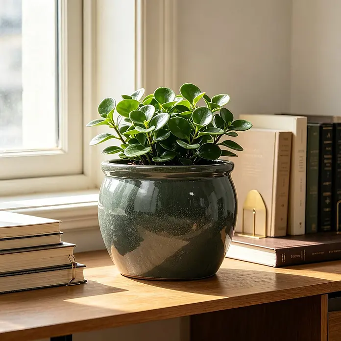SONNENH Pflanztopf - 1 Stk., Keramik, Grün - Ein dunkelgrüner, glänzender Keramiktopf mit einer üppigen Grünpflanze auf einem Holzschreibtisch am Fenster, mit Büchern im Hintergrund.