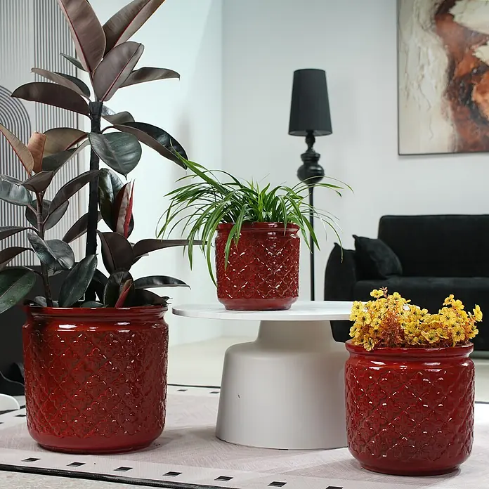 SONNENH Pflanztopf - 3 Stk., Keramik, Blau - Drei rote Keramik-Pflanzgefäße mit geprägtem geometrischem Muster, die verschiedene Pflanzen in einem modernen Interieur halten.