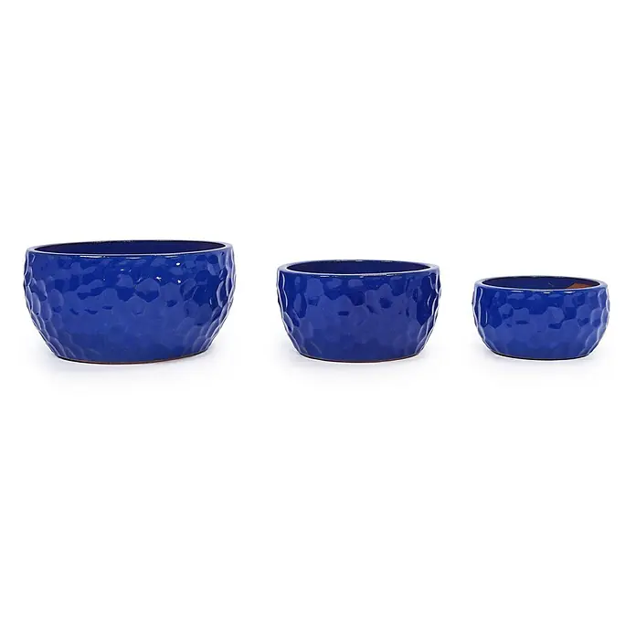 SONNENH Pflanztopf - 3 Stk., Keramik, Blau - Dreier-Set blauer Keramik-Pflanzgefäße mit gehämmerter Oberfläche in verschiedenen Größen.