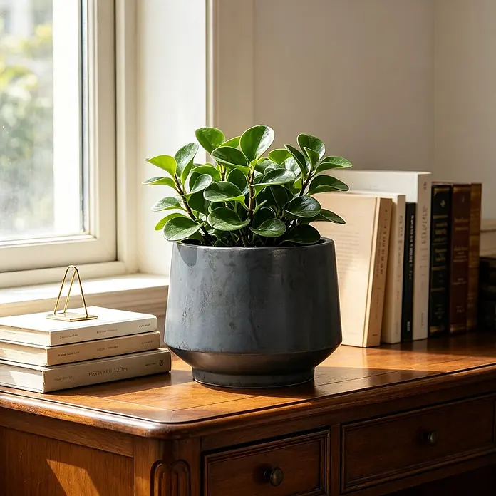 SONNENH Pflanztopf - 1 Stk., Keramik, Schwarz - Eine lebendige Grünpflanze in einem grauen, geometrischen Keramiktopf auf einem Holzschreibtisch mit Büchern vor einem sonnigen Fenster.