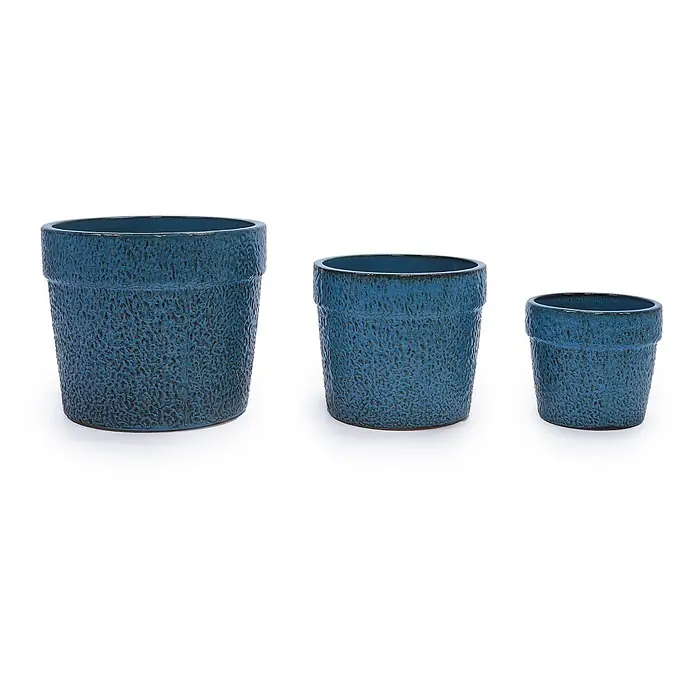 SONNENH Pflanztopf - Keramik, Blau - Set aus drei blauen, strukturierten Keramik-Pflanztöpfen in verschiedenen Größen.
