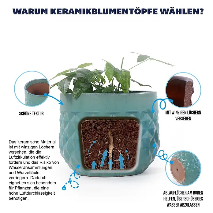 SONNENH Pflanztopf - 3 Stk., Keramik, Blau - Türkiser Keramik-Blumentopf mit Pflanze. Zeigt Drainagelöcher und poröses Material für Luftzirkulation zur Vermeidung von Wurzelfäule.