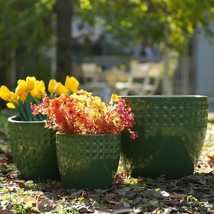 SONNENH Pflanztopf - Keramik, Grün - Drei grüne strukturierte Keramik-Pflanzgefäße mit gelben Tulpen und Trockenblumen stehen draußen auf laubbedecktem Boden.