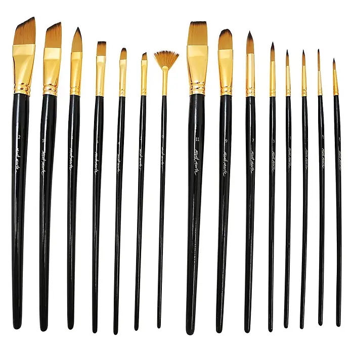 Mont Marte Künstlerpinsel-Set Studio mit Tragtasche - 17 -tlg., Größe Pinsel: 1 x Pinseltasche 1 x Eckpunkt-Liner (0) 5 x Rund (2/0, 0, 1, 2, 4) 5 x Gepolstert (4/0, 3/0, 2/0, 0, 1) 2 x Flach (1,0) 2 x Punktier-Liner (3/0, 4/0), Kunstfaser - Set von Mont Marte Pinseln mit schwarzen Griffen, goldfarbenen Zwingen und braunen Synthetikborsten in verschiedenen Formen und Größen.