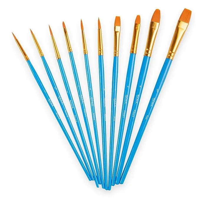Mont Marte Künstlerpinsel-Set Discovery Assorted - 10 -tlg., Größe Pinsel: Flachpinsel: Größe 6 und 5/8 Katzenzungenpinsel (Filbert): Größe 2, 4 und 8 Rundpinsel: Größe 2/0, 1, 2, 3 und 5, Kunstfaser - Ein Set von 10 Mont Marte Pinseln mit blauen Griffen, goldenen Zwingen und orangefarbenen Borsten, darunter verschiedene Rund-, Filbert- und Flachpinsel.