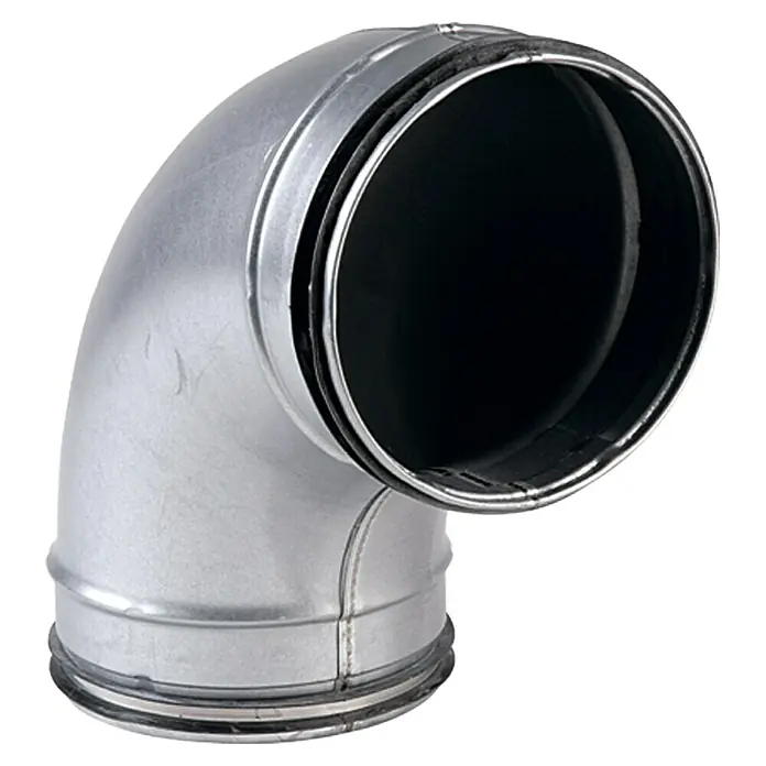 Air-Circle Wickelfalzrohr-Bogen - Durchmesser: 100 mm, Winkel: 90 °, Stahl - Abbildung eines verzinkten Kanalrohrbogens, ideal für HLK-Systeme, zur Umlenkung von Luftströmen in Lüftungsanlagen.