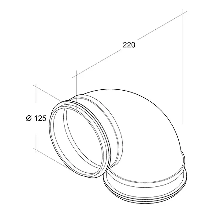 Air-Circle Wickelfalzrohr-Bogen - Durchmesser: 125 mm, Winkel: 90 °, Stahl - Abbildung eines Rohrbogens mit den Maßen Ø 125 und 220, dargestellt in einer technischen Zeichnung.