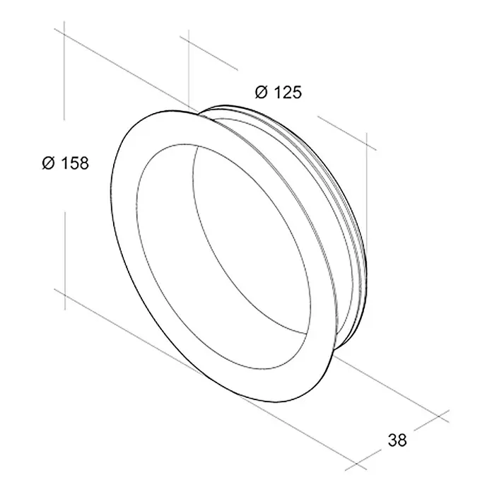 Air-Circle Wickelfalzrohr-Bundkragen - Durchmesser: 125 mm, Stahl - Produktansicht eines zylindrischen Flansches mit den Durchmessern Ø 158 und Ø 125 sowie einer Tiefe von 38.