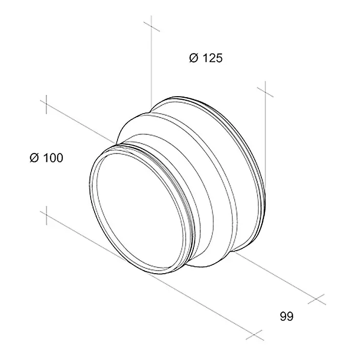 Air-Circle Wickelfalzrohr-Reduzierung - Durchmesser: 125 mm - 100 mm, Stahl - Darstellung eines zylindrischen Übergangsrohrs mit unterschiedlichen Durchmessern, detailliert mit Maßangaben für den Durchmesser und die Länge.
