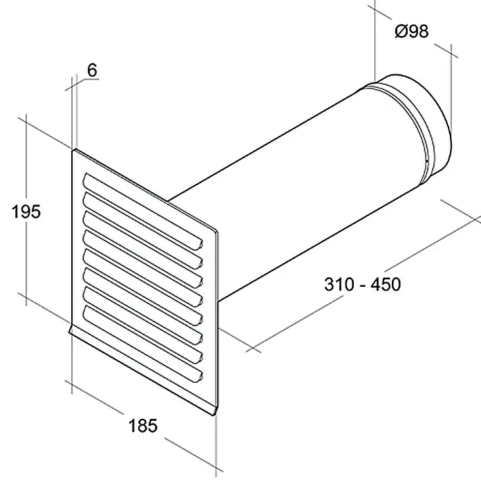 Air-Circle Teleskop-Mauerkasten - Durchmesser: 100 mm, Verstellbereich: 31 cm - 45 cm, Metall - Abbildung eines Abluftventils mit den Maßen 195x185mm und einem Rohrdurchmesser von 98mm, Rohrlänge 310-450mm, Tiefe 6mm.