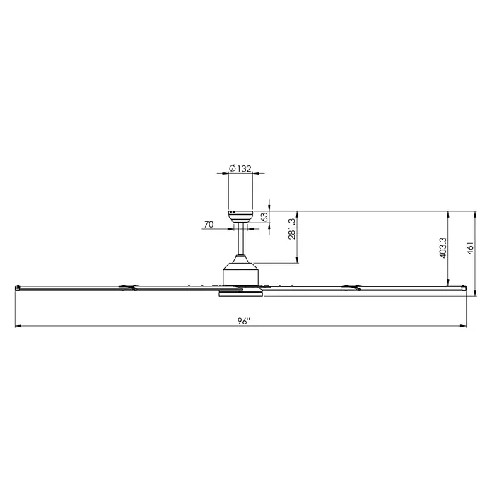 Vam Deckenventilator HVLS Deckenventilator THE BIG Wi-Fi Graphit 212 cm - Graphit, 2.130 mm, 47 W - Technische Zeichnung eines Deckenventilators mit 96 Zoll Durchmesser und Höhenmaßen.