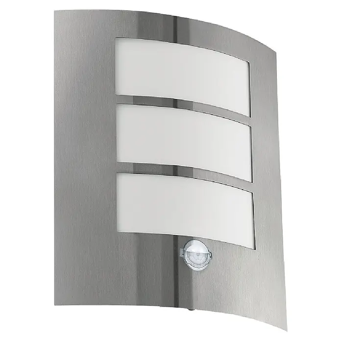 Starlux City Außenwandleuchte City - 15 W, 240 x 270 mm, IP44 - Gebürstete Edelstahl-Außenwandleuchte mit mattweißen Paneelen und integriertem Bewegungssensor.
