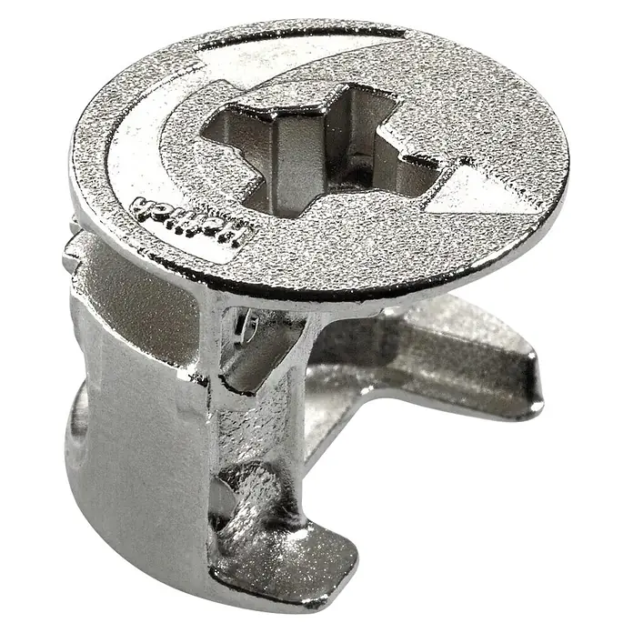 Hettich Exzenter-Verbindungsbeschlag Rastex - Durchmesser: 15 mm, Zinkdruckguss - Metallischer Exzenterverbinder für Möbelmontage, mit strukturierter Silberoberfläche und Sternantrieb.