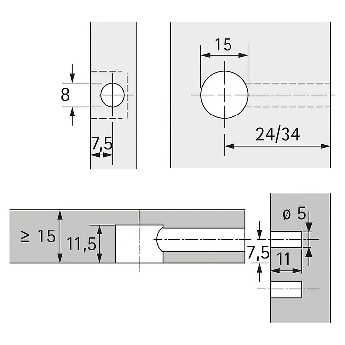 Hettich Exzenter-Verbindungsbeschlag Rastex - Durchmesser: 15 mm, Zinkdruckguss - Technische Zeichnung mit Maßen zur Montage eines Möbelverbinders, zeigt Bohrmuster und Abmessungen in mm.