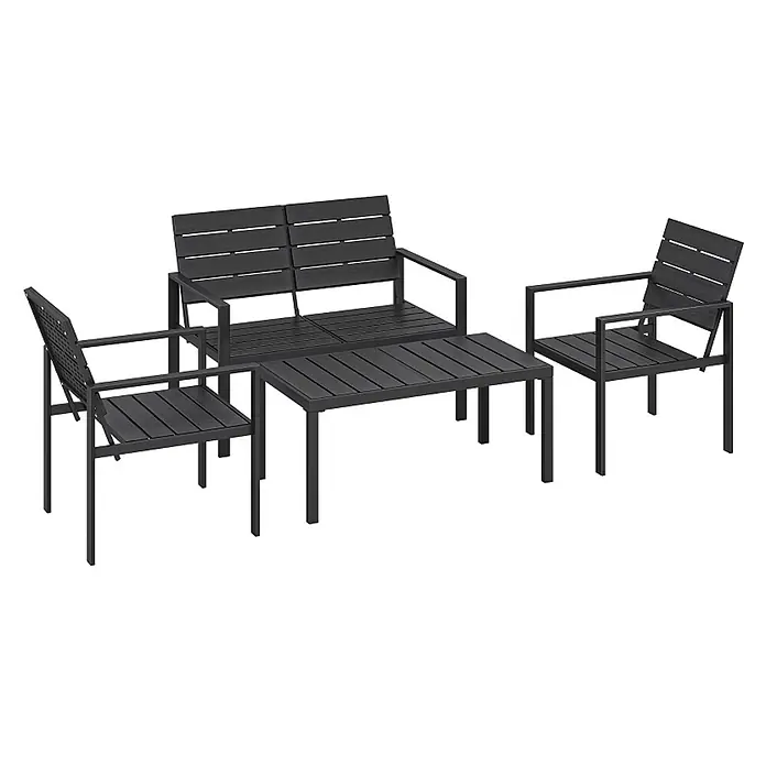 SONNENH Loungemöbel-Set - 18 -tlg., Metall, Schwarz - Dunkelgraue Terrassenmöbelgarnitur mit einer Zweisitzerbank, zwei Sesseln und einem rechteckigen Couchtisch in Lattenoptik.