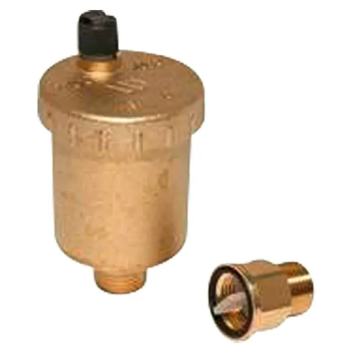 Heizkörper-Schnellentlüfter - ⅜″, Mit Absperrautomatik - Ein Messing-Schnellentlüfter und ein Ventil sind auf dem Bild zu sehen, ideal für Heizungsanlagen.