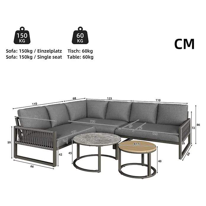 SONNENH Loungemöbel-Set - 5 -tlg., Metall, Polyester, Grau
