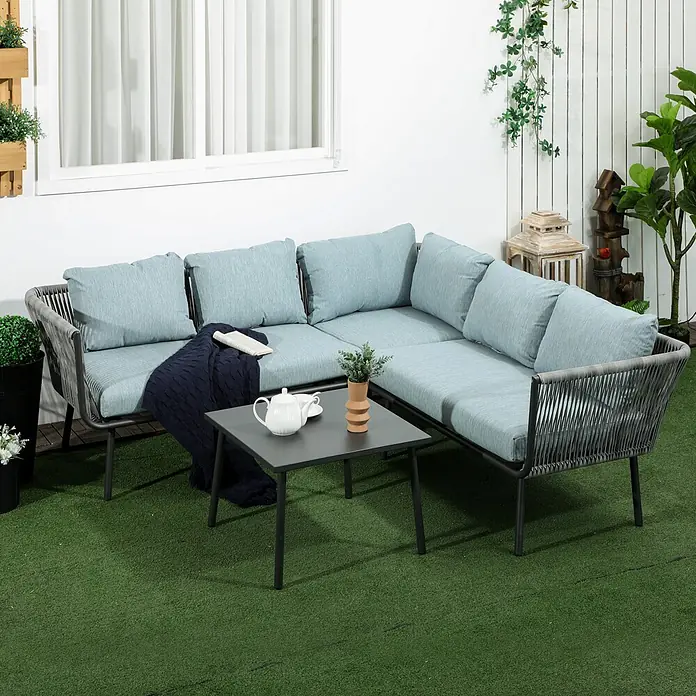 SONNENH Loungemöbel-Set - 4 -tlg., Aluminum - L-förmiges Outdoor-Sofa-Set mit dunkelgrauem Seilgeflecht, hellblauen Kissen und passendem Couchtisch.
