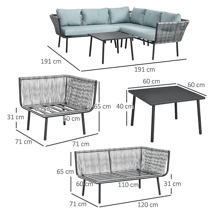 SONNENH Loungemöbel-Set - 4 -tlg., Aluminum - Graues Outdoor-Ecksofa-Set aus Seilgeflecht mit hellblauen Kissen und passendem grauen Tisch, Maße angegeben.