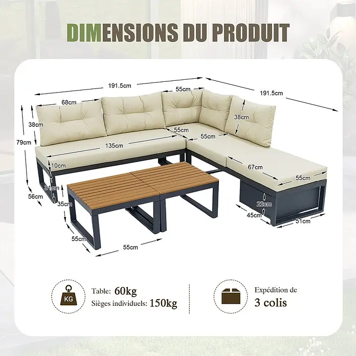 SONNENH Loungemöbel-Set - 3 -tlg., Polyester, Beige - Beiges modulares Outdoor-Loungeset mit L-förmigem Sofa und Couchtisch mit dunklem Gestell und Lamellenplatte, Maße angezeigt.