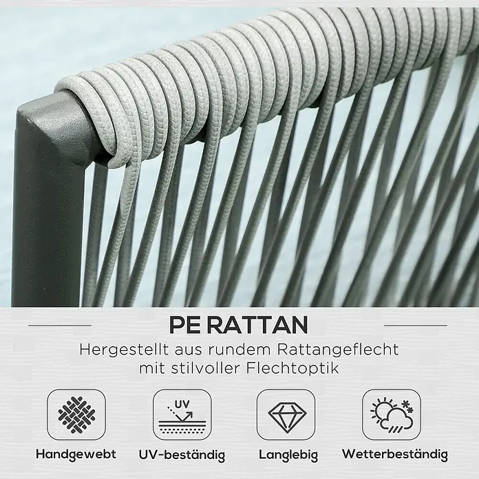 SONNENH Loungemöbel-Set - 4 -tlg., Aluminum - Nahaufnahme von hellgrauem, rundem PE-Rattan-Geflecht auf einem Möbelrahmen. Es ist handgewebt, UV-beständig, langlebig und wetterbeständig.