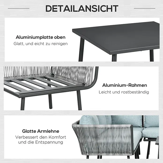 SONNENH Loungemöbel-Set - 4 -tlg., Aluminum - Detailansicht einer Outdoor-Lounge-Gruppe: glatte Aluminium-Tischplatte, rostbeständiger Aluminiumrahmen, bequeme geflochtene Armlehnen.