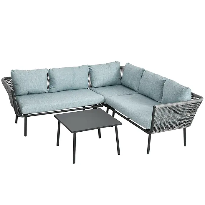 SONNENH Loungemöbel-Set - 4 -tlg., Aluminum - Outdoor-Ecksofa-Set mit blauen Kissen, dunkelgrauem Rahmen mit geflochtenem Seil und passendem grauem Couchtisch.