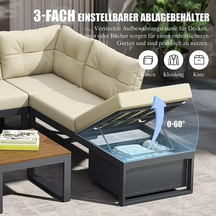 SONNENH Loungemöbel-Set - 3 -tlg., Polyester, Beige - Outdoor-Sofa mit beigefarbenen Kissen und dunkelgrauem Gestell, mit verstellbarem Stauraum für Decken, Kissen oder Kleidung.