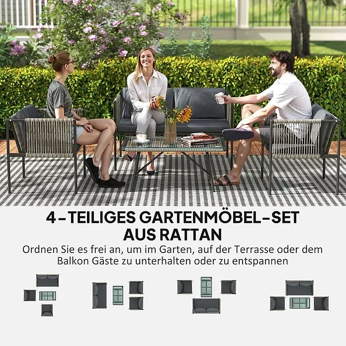 SONNENH Loungemöbel-Set - 4 -tlg., Polyrattan, Grau