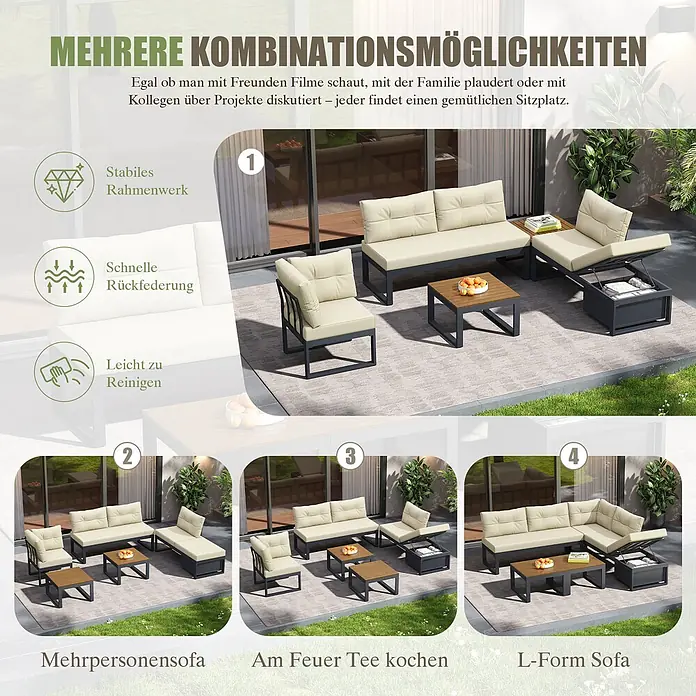 SONNENH Loungemöbel-Set - 3 -tlg., Polyester, Beige - Modulares Gartenmöbelset mit beigen Polstern und dunklen Gestellen, gezeigt in mehreren konfigurierbaren Anordnungen.