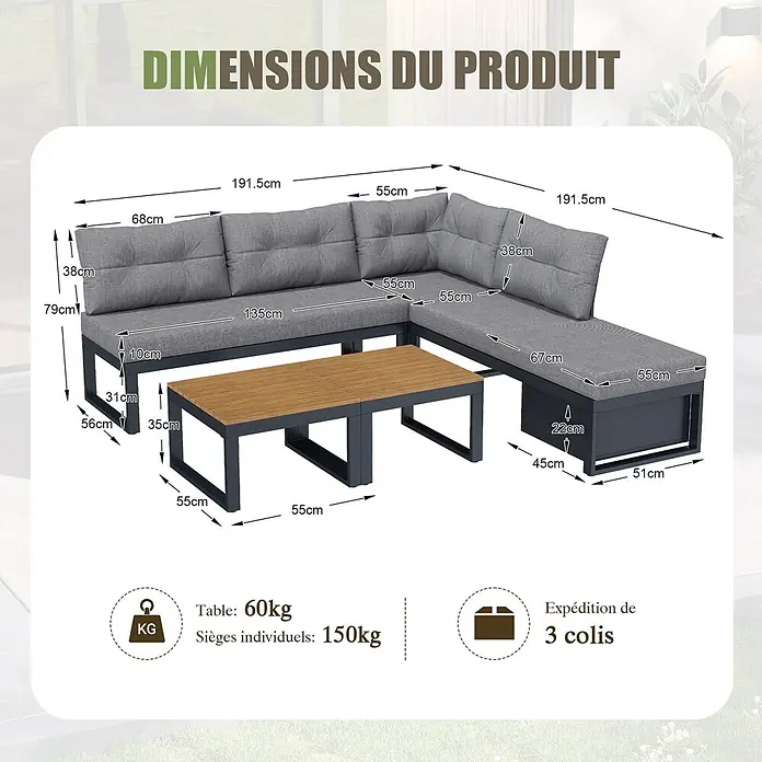 SONNENH Loungemöbel-Set - 3 -tlg., Polyester, Dunkelgrau