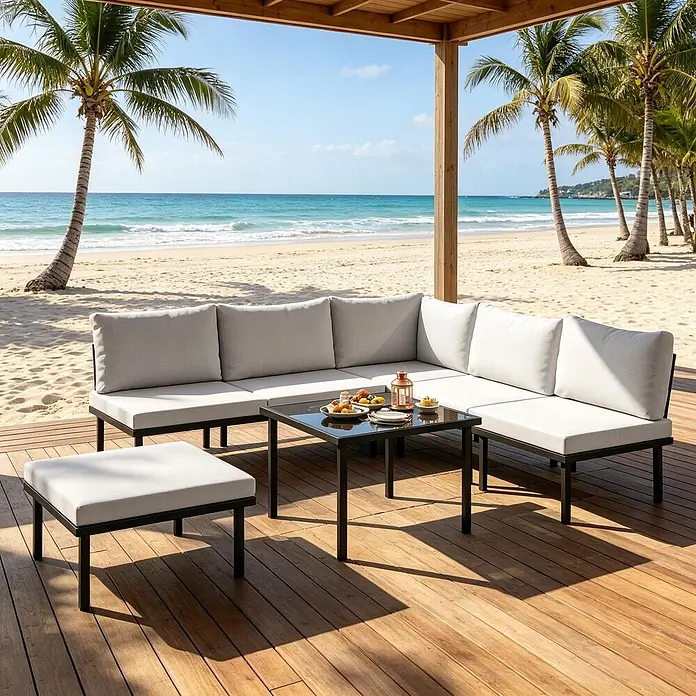 SONNENH Loungemöbel-Set - 6 -tlg., Baumwolle, Foam, Metall, Polyester, Gehärtetes Glas, Hellgrau
