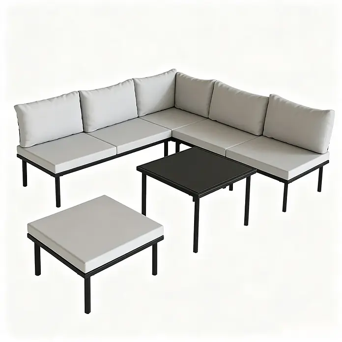 SONNENH Loungemöbel-Set - 6 -tlg., Baumwolle, Foam, Metall, Polyester, Gehärtetes Glas, Hellgrau