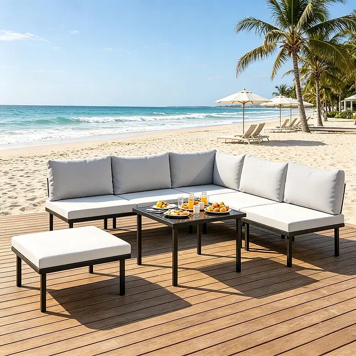 SONNENH Loungemöbel-Set - 6 -tlg., Baumwolle, Foam, Metall, Polyester, Gehärtetes Glas, Hellgrau