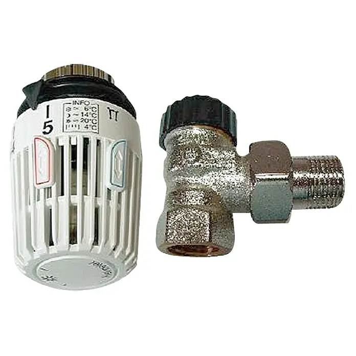 Heimeier Thermostatventil-Set - ½″, Eckventil - Thermostatventil und Heizkörperanschlussgarnitur im Set. Das Thermostat ist auf Stufe 5 eingestellt und zeigt Informationen zu den Temperatureinstellungen.