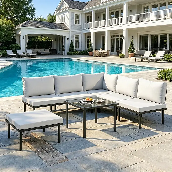 SONNENH Loungemöbel-Set - 6 -tlg., Baumwolle, Foam, Metall, Polyester, Gehärtetes Glas, Hellgrau