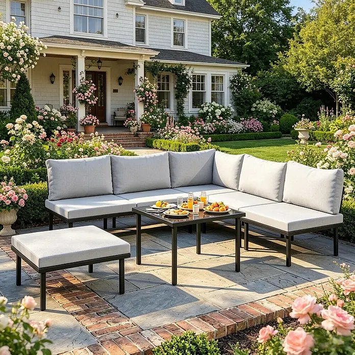 SONNENH Loungemöbel-Set - 6 -tlg., Baumwolle, Foam, Metall, Polyester, Gehärtetes Glas, Hellgrau