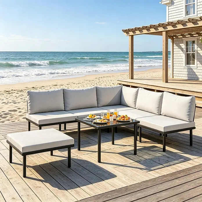 SONNENH Loungemöbel-Set - 6 -tlg., Baumwolle, Foam, Metall, Polyester, Gehärtetes Glas, Hellgrau