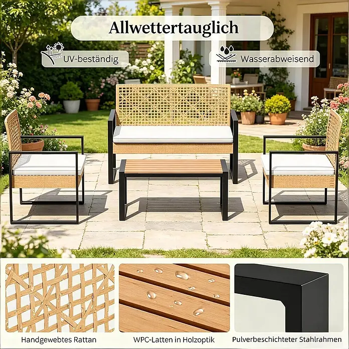 SONNENH Loungemöbel-Set - 4 -tlg., Fabric, Polyrattan, Metall, Sponge, Natur
