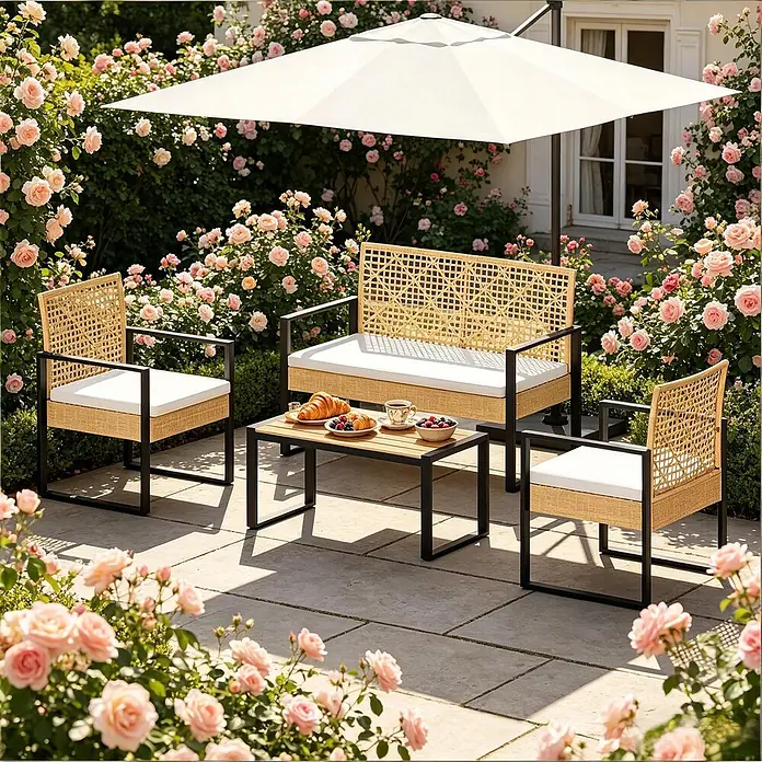 SONNENH Loungemöbel-Set - 4 -tlg., Fabric, Polyrattan, Metall, Sponge, Natur