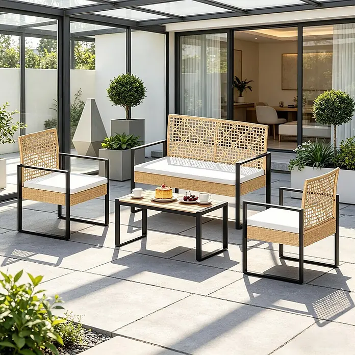 SONNENH Loungemöbel-Set - 4 -tlg., Fabric, Polyrattan, Metall, Sponge, Natur