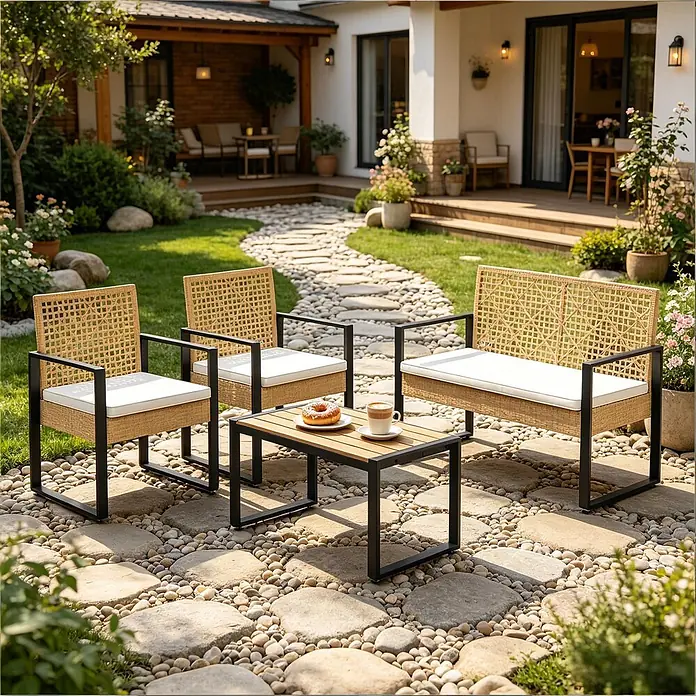 SONNENH Loungemöbel-Set - 4 -tlg., Fabric, Polyrattan, Metall, Sponge, Natur