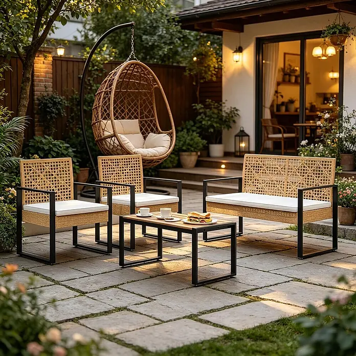 SONNENH Loungemöbel-Set - 4 -tlg., Fabric, Polyrattan, Metall, Sponge, Natur